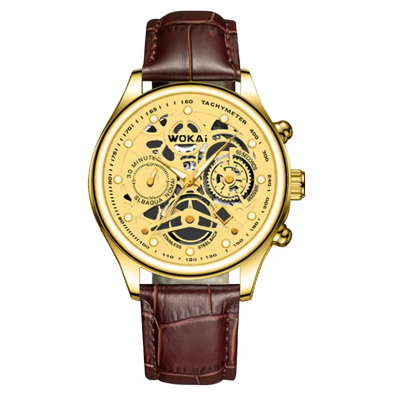 Montre d'affaires pour hommes, montres dorées, montres-bracelets à quartz de luxe avec surface squel
