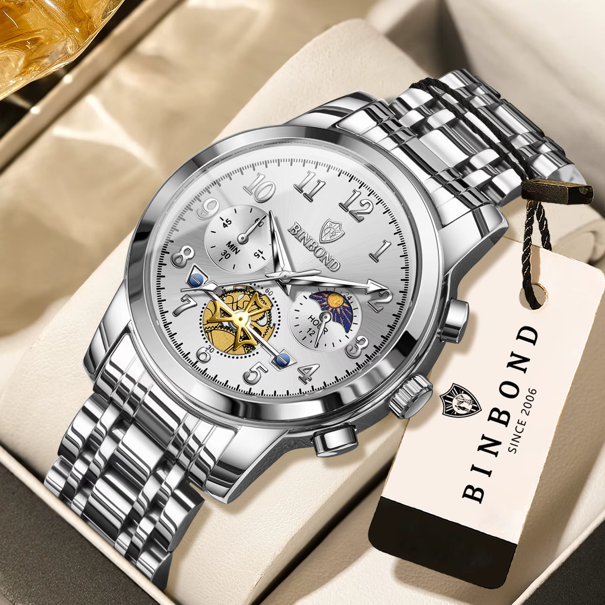 Montres pour hommes BINBOND, chronographe lumineux, étanche, robuste, montre à quartz précise, luxe,