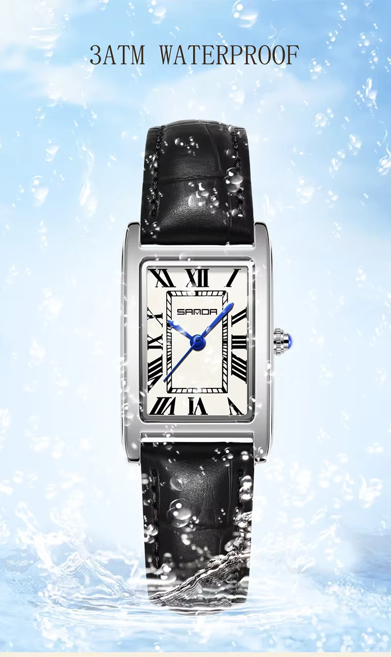 SANDA luxe réservoir Couple montre résistant à l'usure bracelet en cuir cadran carré étanche Sport d