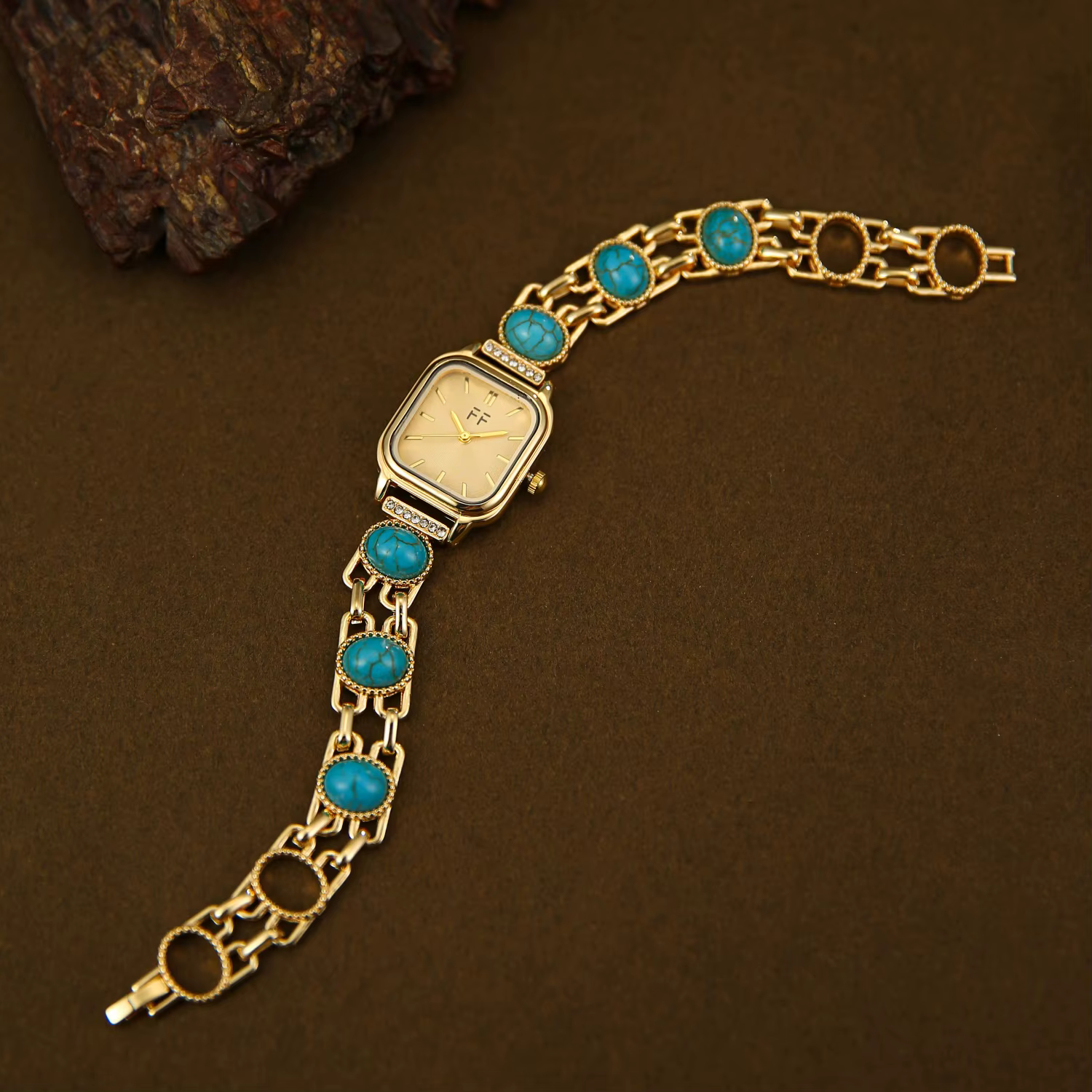 Montres pour femmes tendance avec bracelet incrusté de pierres précieuses turquoise artificielles, m