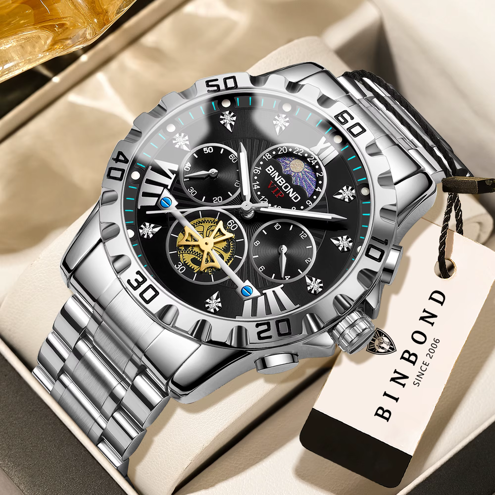 Montres à quartz BINBOND pour hommes, montre de luxe précise et durable, chronographe lumineux étanc