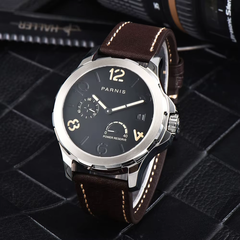 Parnis 44mm boîtier en argent automatique mécanique hommes montre indicateur de réserve de marche ma