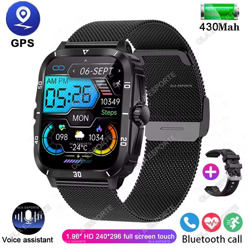 Montre connectée de sport pour hommes, écran 1.96 pouces, oxygène dans le sang, Bluetooth, parlant, 