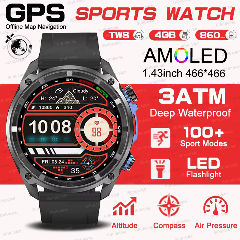 2025 extérieur GPS montre nouveau 1000mAh batterie t-rex 3 militaire montre intelligente hommes 4GB