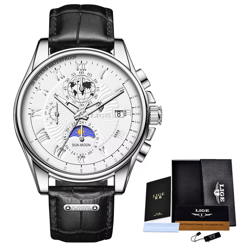 LIGE-Montre de luxe en cuir pour homme, accessoire de sport, étanche, chronographe, quartz, 2024