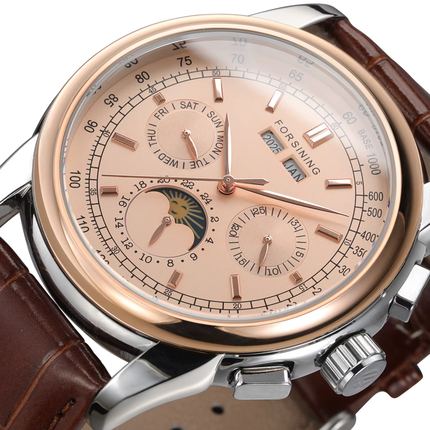 Forsining rétro montres mécaniques Phase de lune mouvement Shanghai boîtier en or Rose bracelet en c