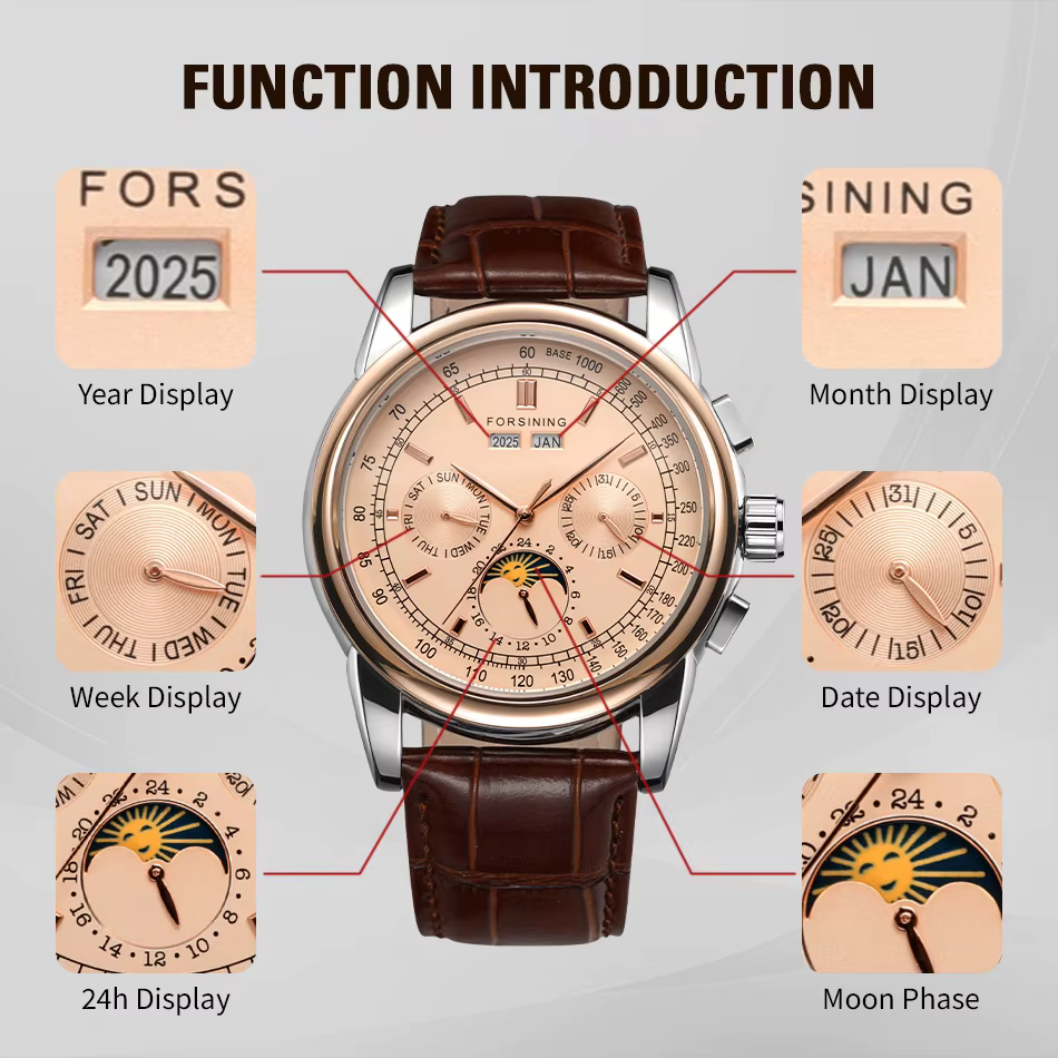 Forsining rétro montres mécaniques Phase de lune mouvement Shanghai boîtier en or Rose bracelet en c