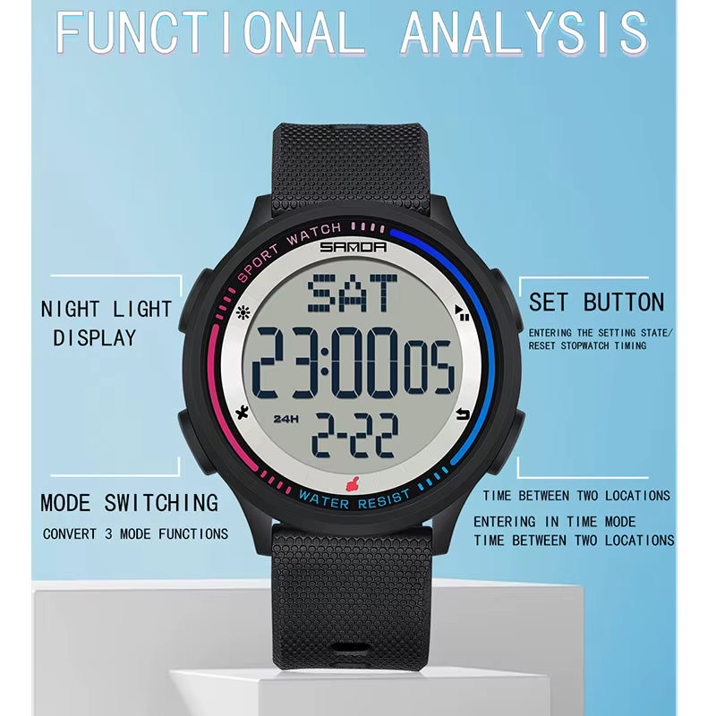 SANDA montre pour hommes fonctions multiples Sports de plein air chronomètre étanche mouvement numér