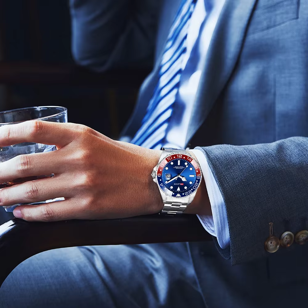 Montre d'affaires en acier inoxydable 40mm classique rouge bleu cercle série de plongée loupe calend