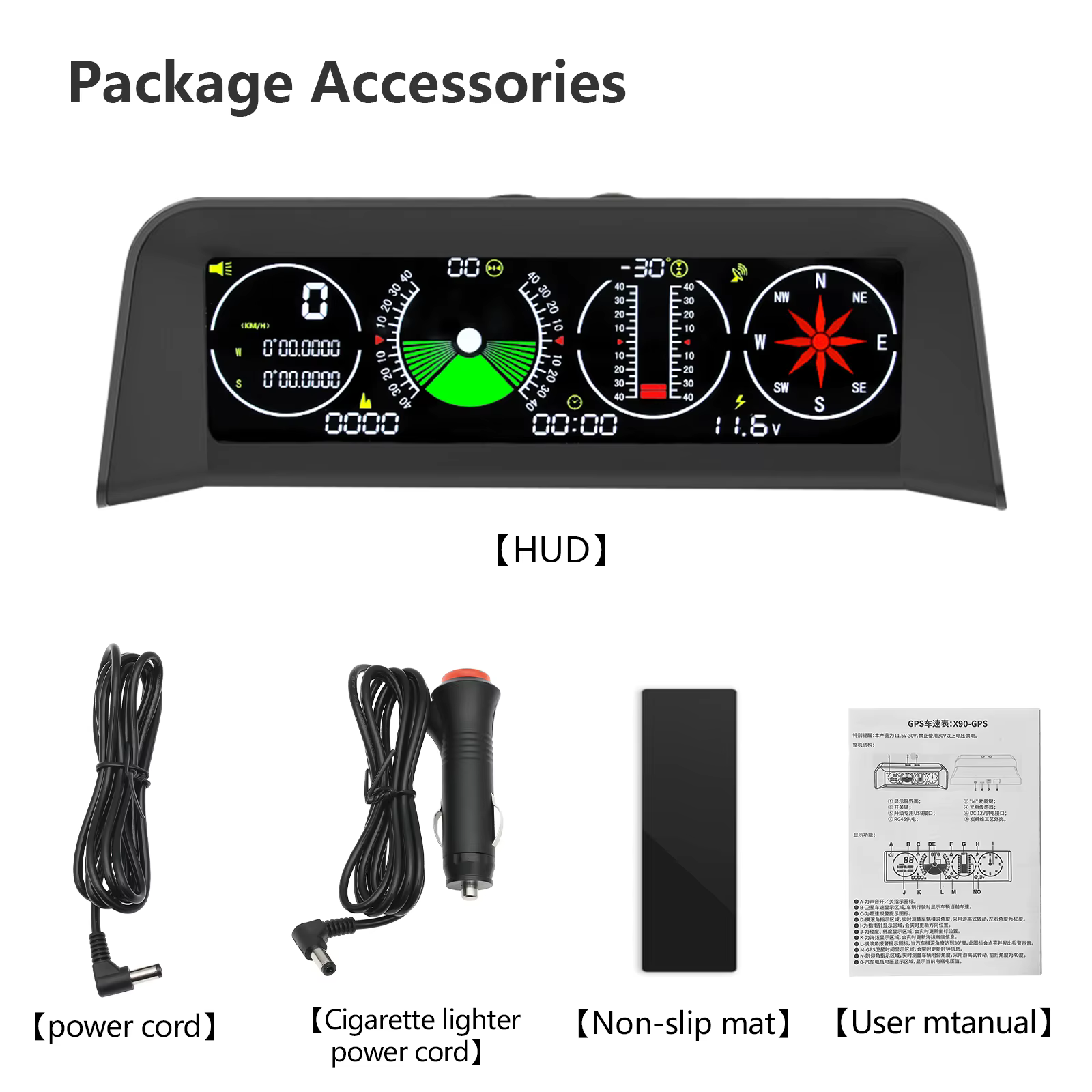 X90 GPS Compteur de vitesse intelligent (km/h, mph) Inclinomètre Boussole de voiture HUD Angle de pe