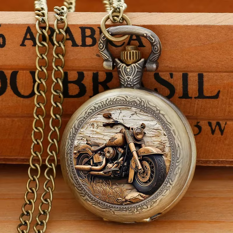 Montre de poche de moto Vintage exquise, horloge créative avec collier chaîne rétro Bronze Cowboy Ma