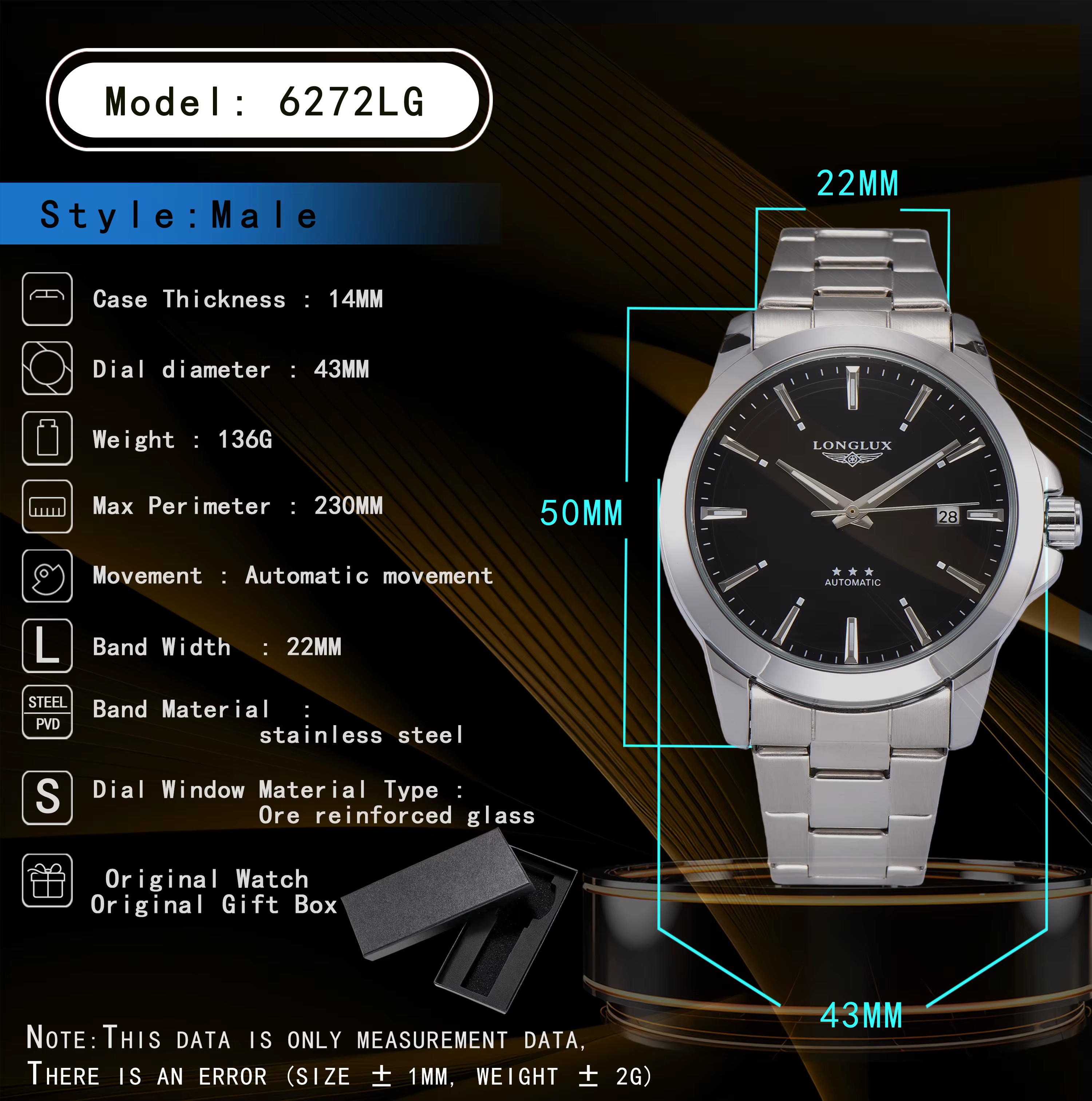 Montre automatique pour hommes, date d'affaires, mécanique, étanche, en acier inoxydable, lumineuse,
