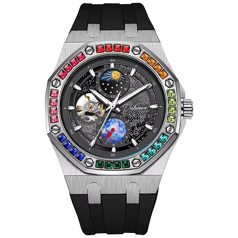Montre mécanique automatique avec lunette en pierres précieuses arc-en-ciel pour hommes, boîtier en 