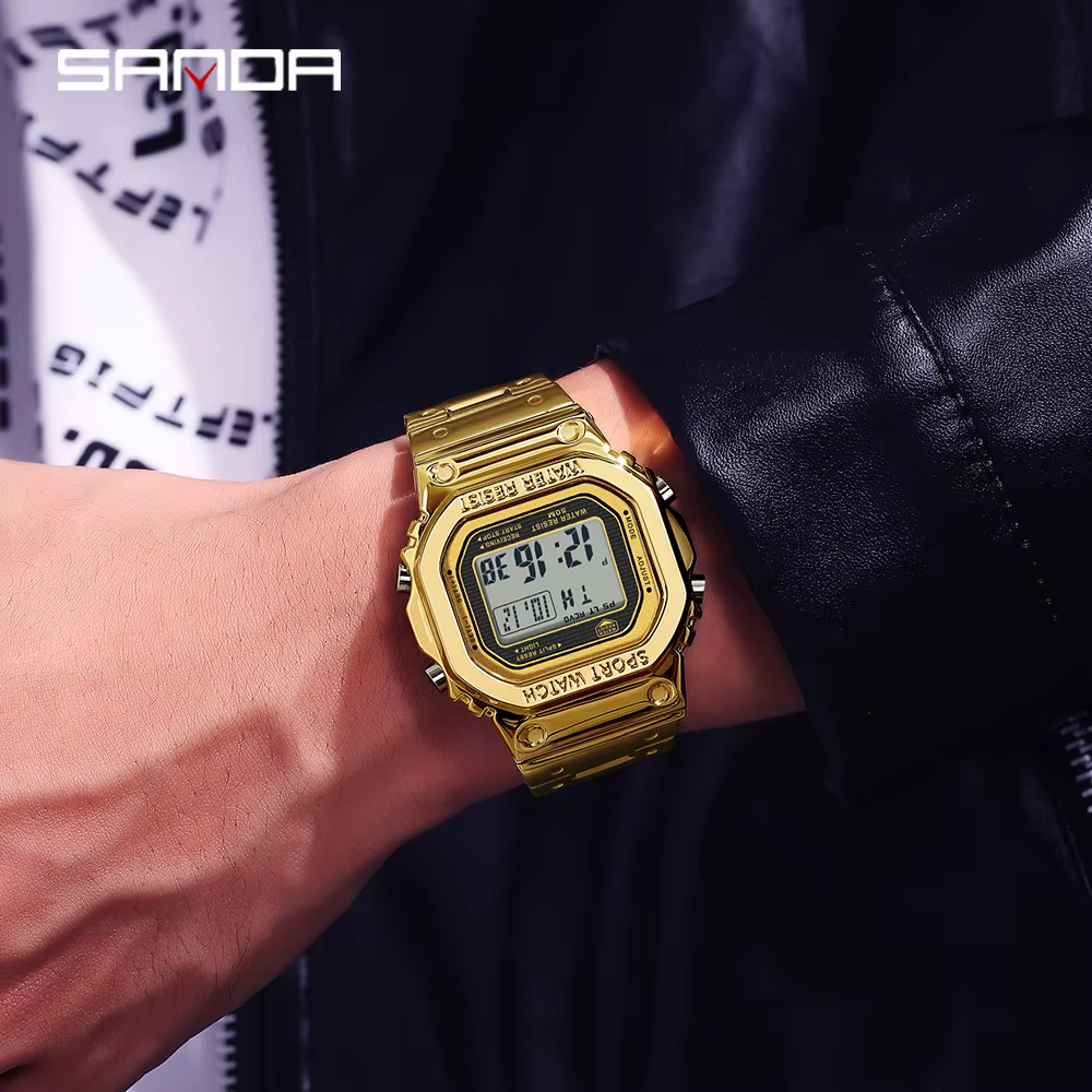 SANDA 2162 montre électronique pour hommes carré étanche multi fonctionnel montre-bracelet carré mod