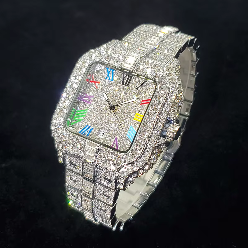 Montre en diamant de luxe pour hommes, montres numérotées colorées carrées glacées, bijoux Hip Hop B