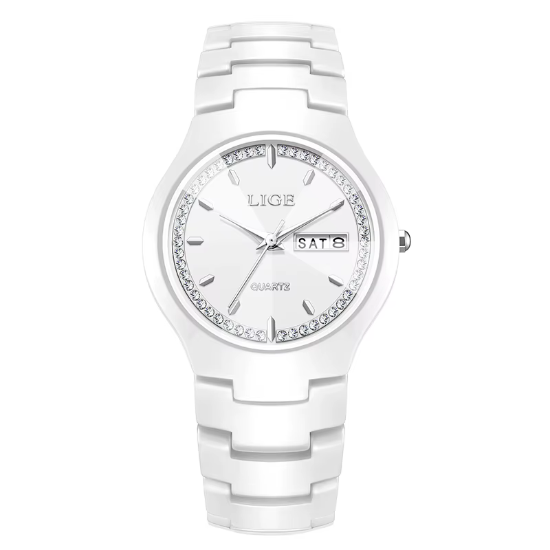 LIGE céramique hommes montres calendrier étanche femmes montres diamant Simple robe montre semaine a