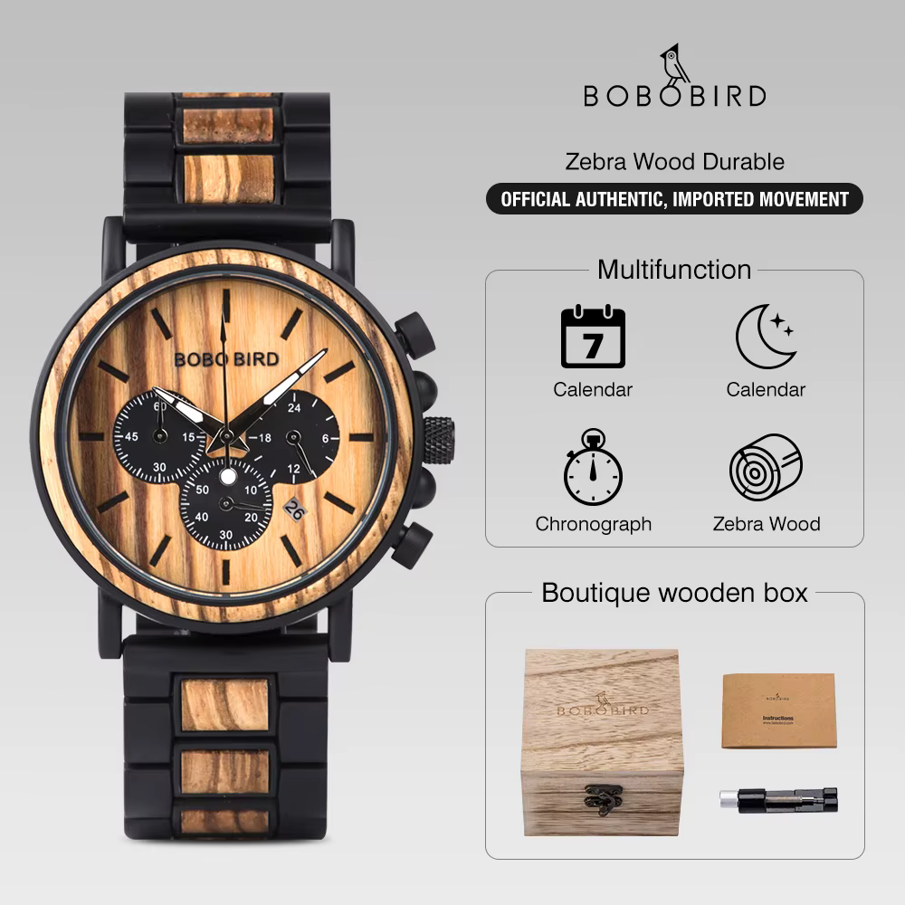 BOBO BIRD marque montres hommes en bois montre de mode hommes lumineux Quartz montre-bracelet chrono