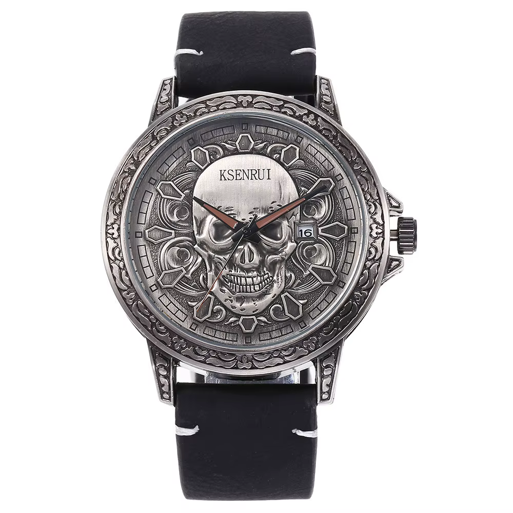 Cool hommes montre crâne visage conception mode acier bracelet en cuir rétro montre à Quartz hommes 