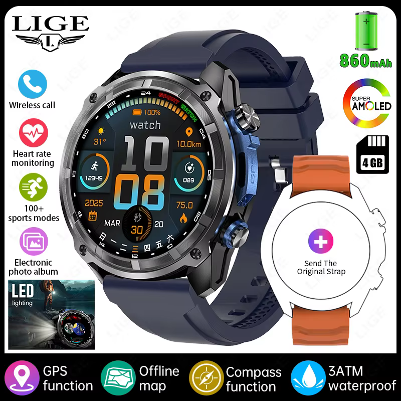 Montres intelligentes LIGE 2026 avec GPS, cartes hors ligne, boussole, pour hommes, écran AMOLED 466