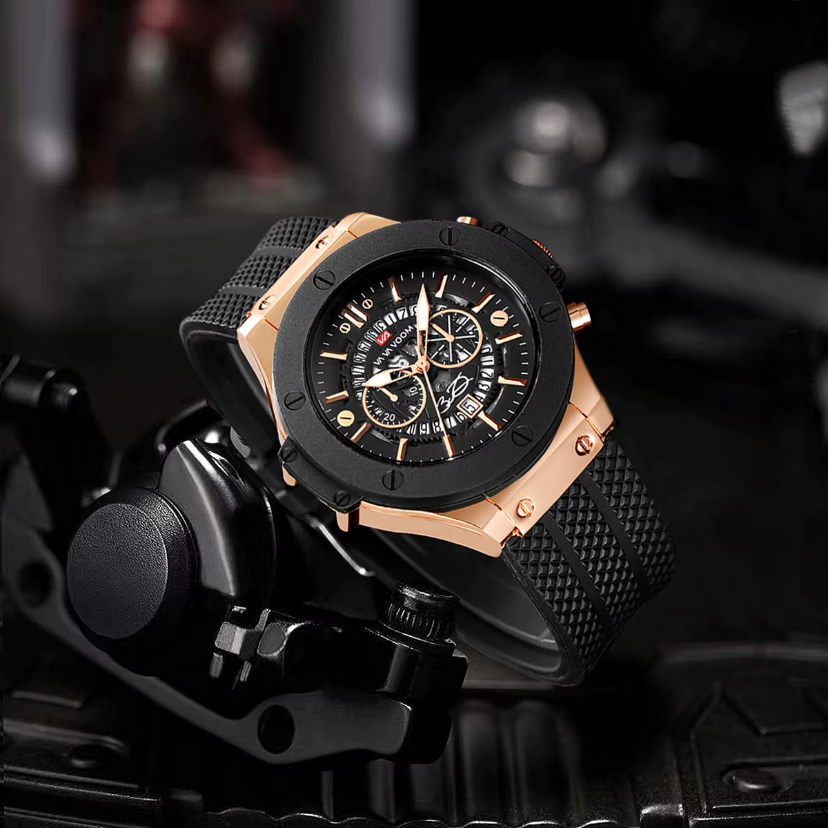 Montre de sport en Silicone noir pour hommes, main ajourée de 46mm, grand cadran, or Rose, Style mil