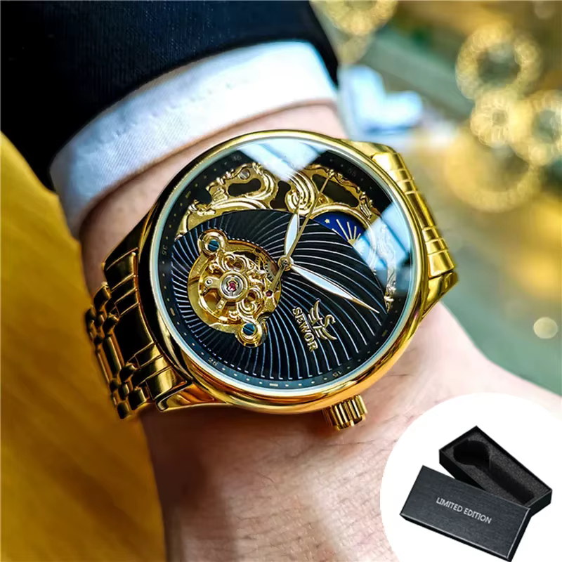 AOKULASIC or squelette montre pour hommes rétro Phase de lune Tourbillon automatique montres mécaniq