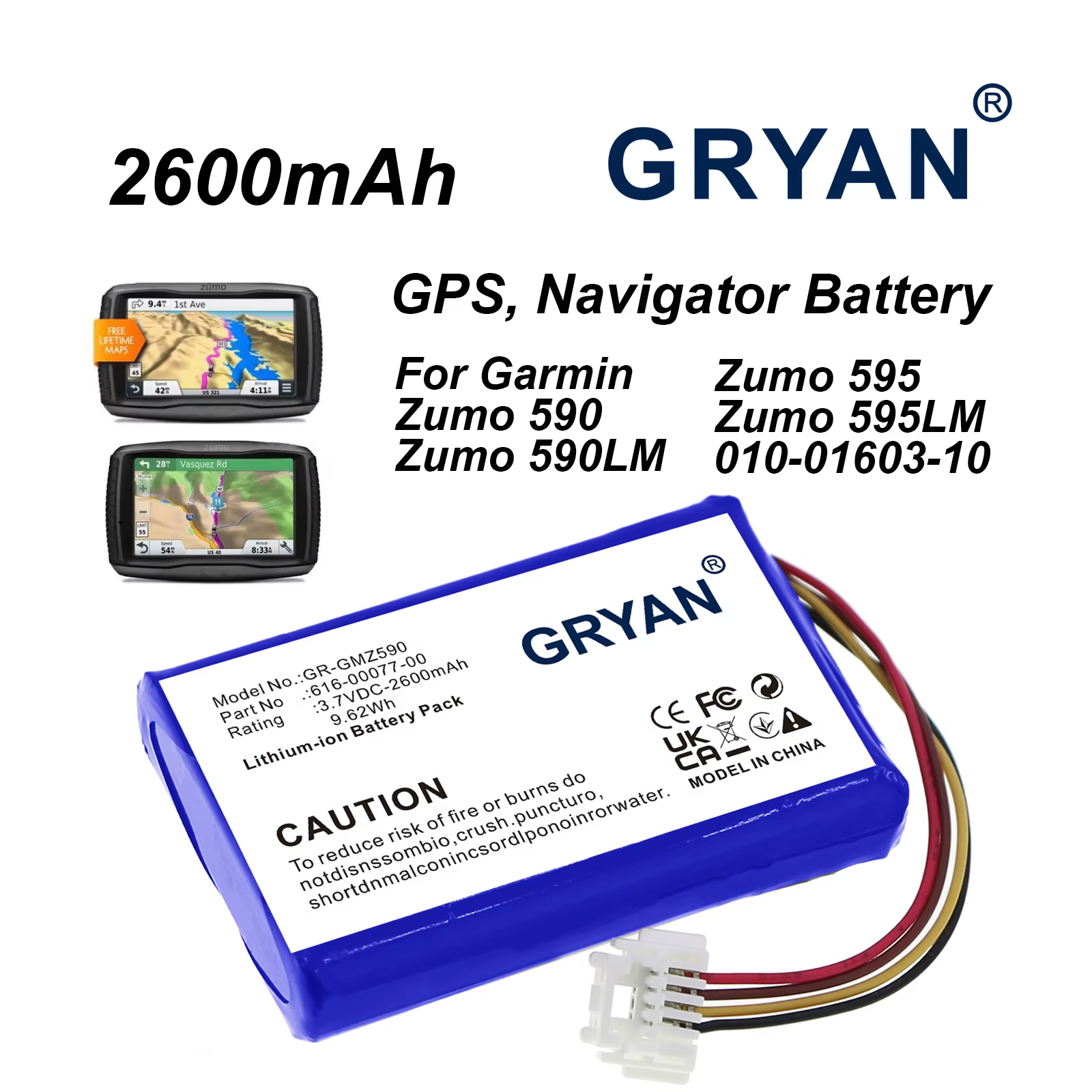 3.7V 2600mAh GPS, batterie de navigateur 616-00077-00 pour Garmin Zumo 590, Zumo 590LM, Zumo 595, Zu