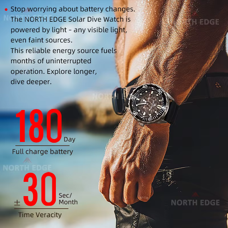 Montre de plongée solaire NORTH EDGE TRITON-TI en titane et acier inoxydable, montre à quartz de lux