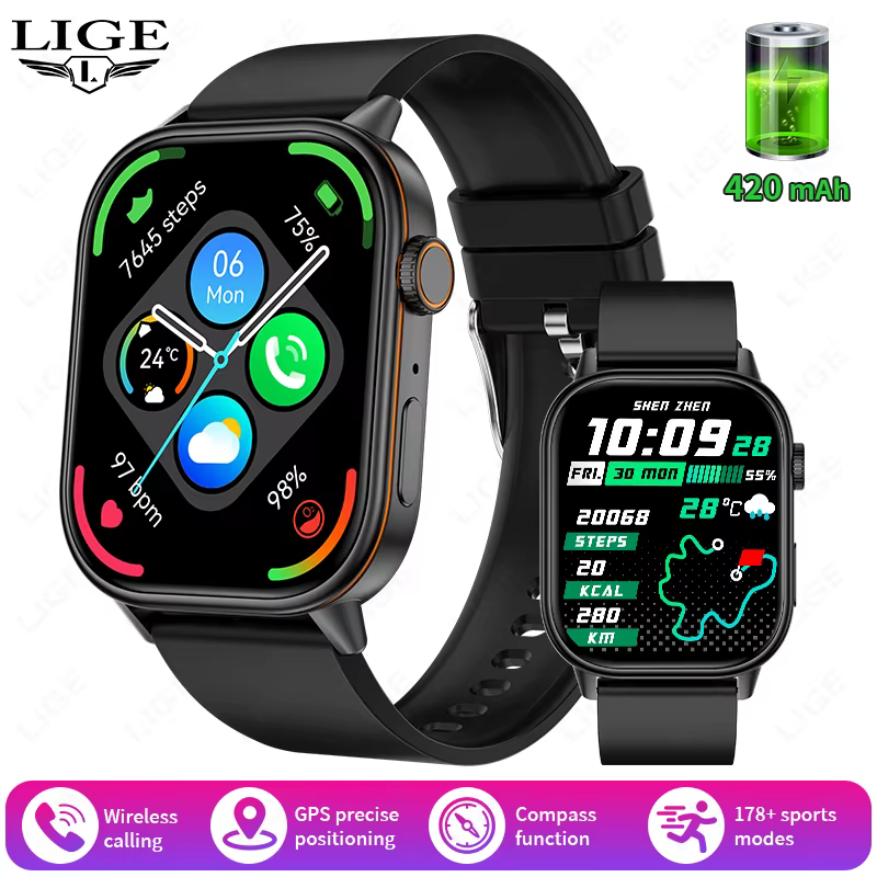 Montre connectée GPS LIGE pour femmes, écran HD 2.01 pouces, fréquence cardiaque, appels Bluetooth, 