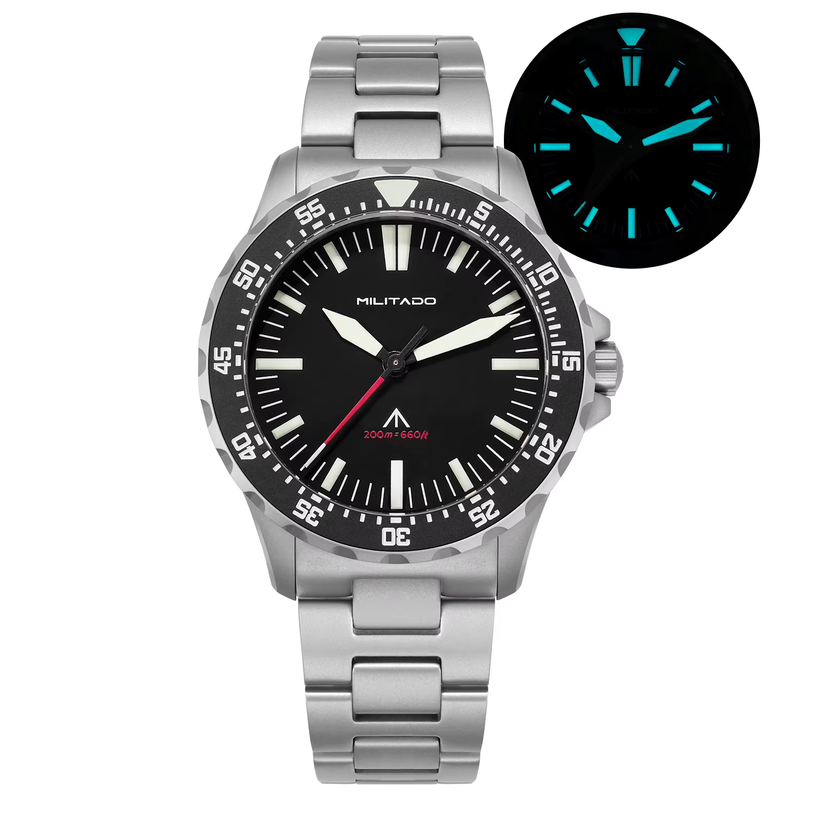 Montre de plongée à quartz Militado ML16 39 mm, verre saphir, résistance à l'eau 200 m, lunette en c