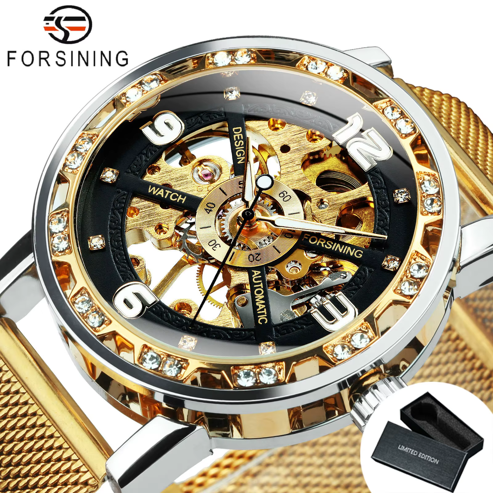 Forsining montres mécaniques de luxe aiguilles lumineuses montre squelette rétro en or pour hommes b