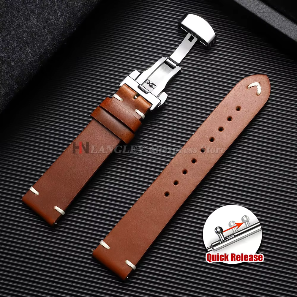 Bracelet en cuir huilé vintage 18mm 20mm 22mm pour montres Seiko et Omega, avec boucle papillon, en