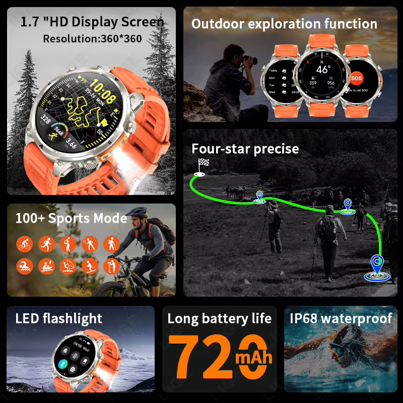 LIGE 2026 nouveau GPS Smartwatch homme 720mAh batterie IP68 étanche Bluetooth appel 1.7 "HD sport la