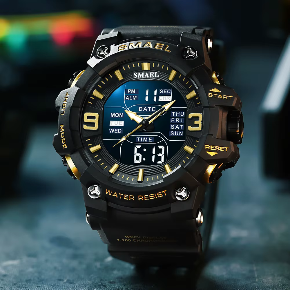 SMAEL-Montre de sport à quartz avec alarme lumineuse LED, montres-bracelets automatiques, affichage 