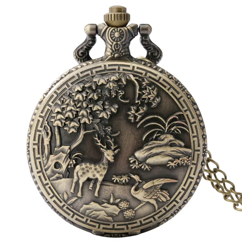 Montre de poche steampunk, inspirée de la nature, avec motif cerf, grue et forêt en relief, mouvemen