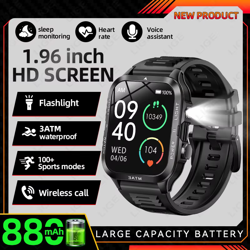 Montre connectée de trail running LIGE pour les coureurs, batterie 880 mAh, écran HD 1,96 pouces, ét