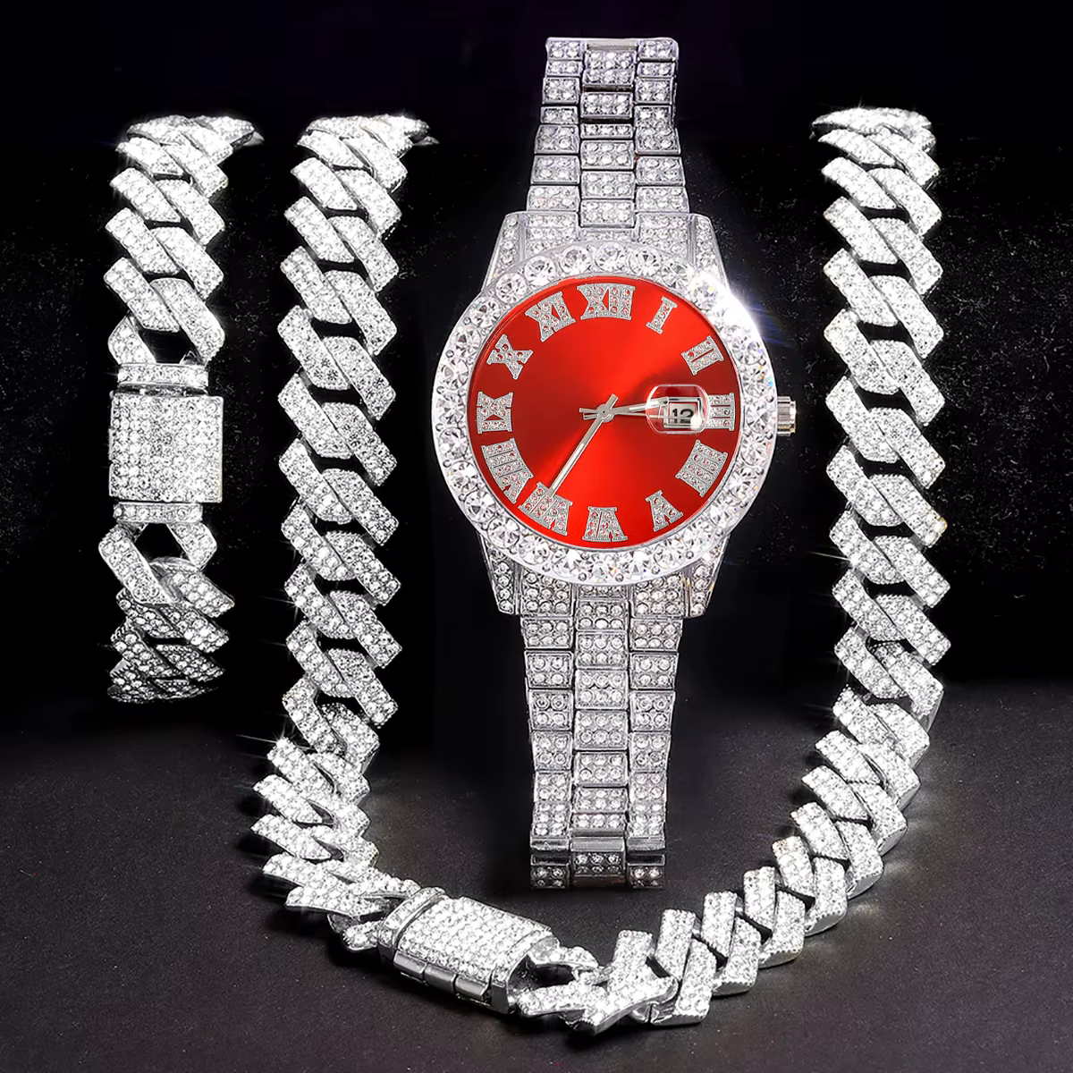 Ensemble de montres en argent pour hommes, 3 pièces, Hip-hop Punk incrusté de diamants + chaîne cuba