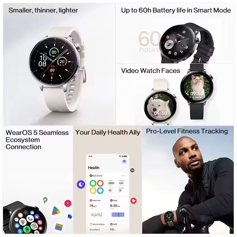 Version mondiale OnePlus Watch 3 Montre connectée 43 mm Écran AMOLED 1,32 pouces Autonomie jusqu'à 6