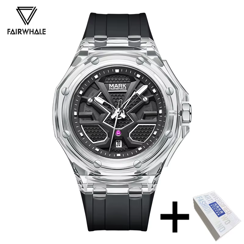 Montre à quartz de luxe pour homme Mark Fairwhale, boîtier transparent tendance, bracelet en caoutch
