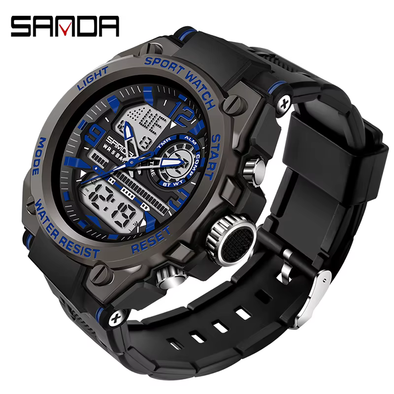 SANDA hommes sport montres à Quartz double affichage LED électronique numérique montres étanche mont