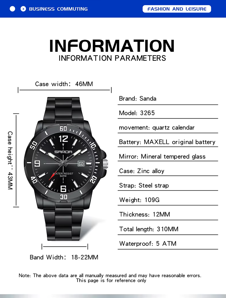 Mode SADNA 3265 montre à Quartz pour hommes d'affaires grand cadran étanche calendrier veilleuse nou