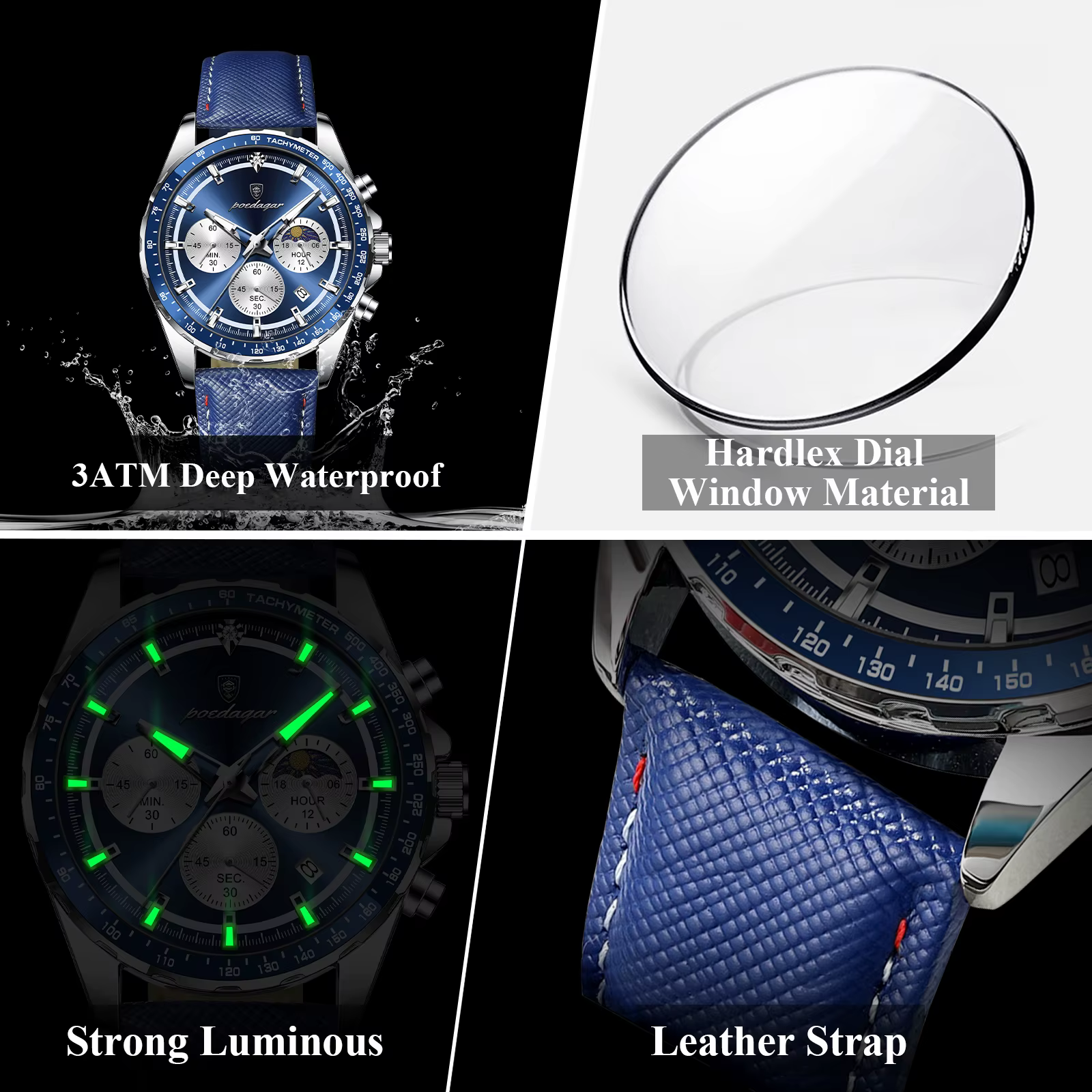 POEDAGAR Original mode hommes horloge lumineux étanche chronographe Date homme montre-bracelet en cu