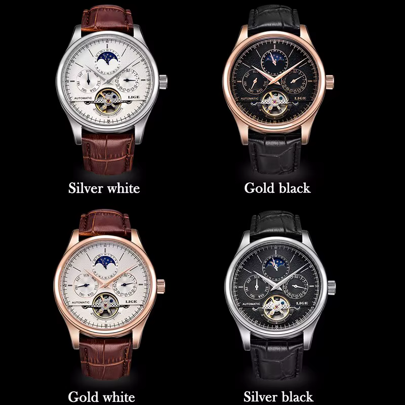 LIGE hommes montres automatique montre mécanique Tourbillon horloge en cuir véritable montre étanche