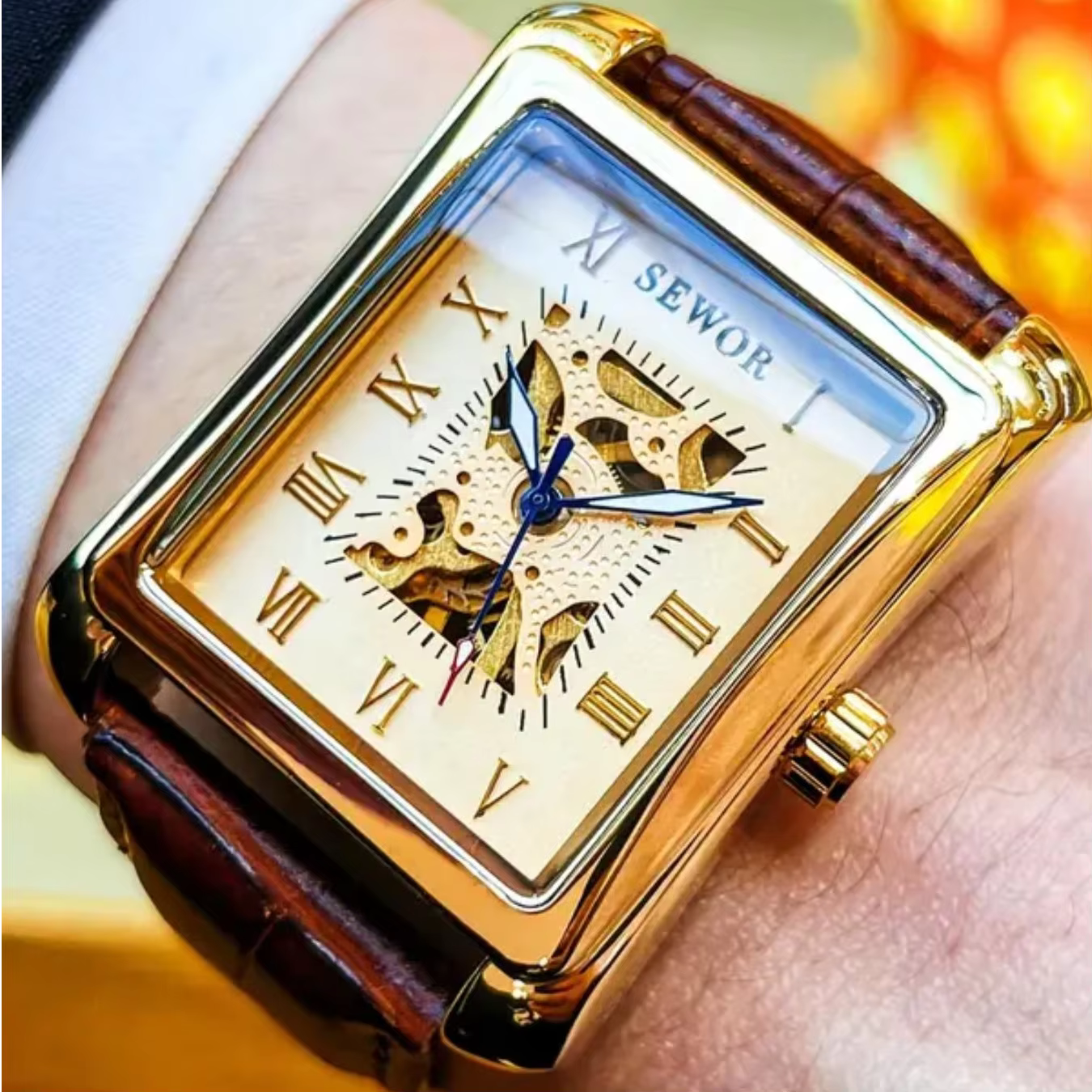 Montre mécanique rectangulaire pour homme, montre mécanique de luxe haut de gamme, carrée, squelette