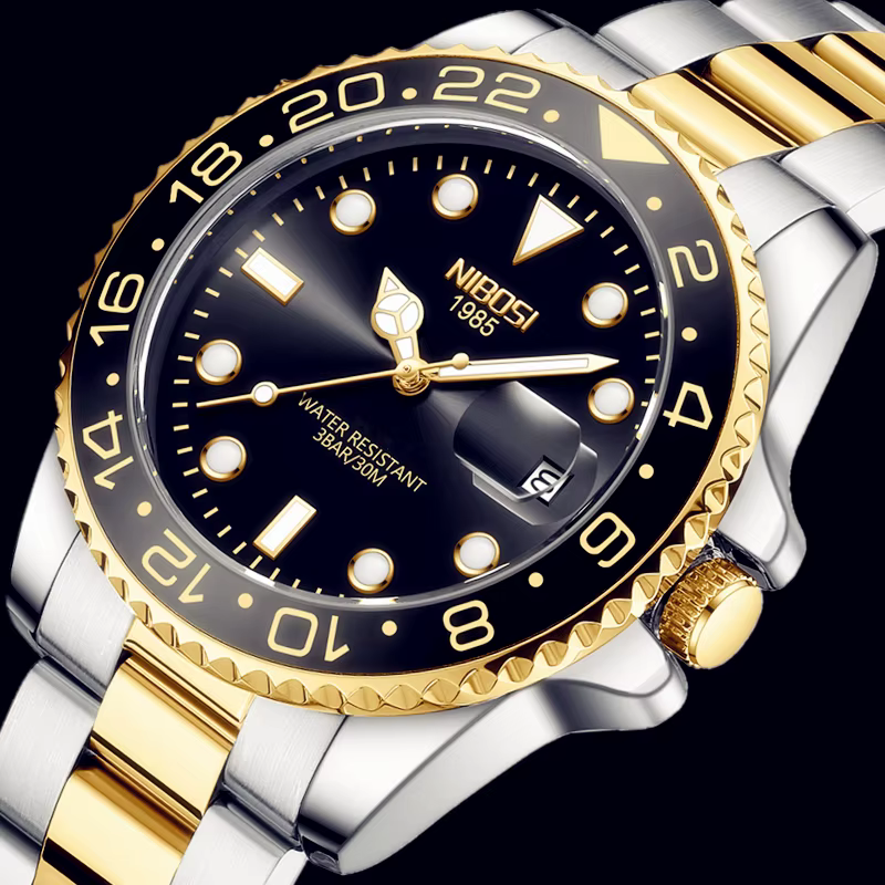 NIBOSI or noir montre hommes Top marque de luxe Quartz hommes montres étanche lumineux en acier inox