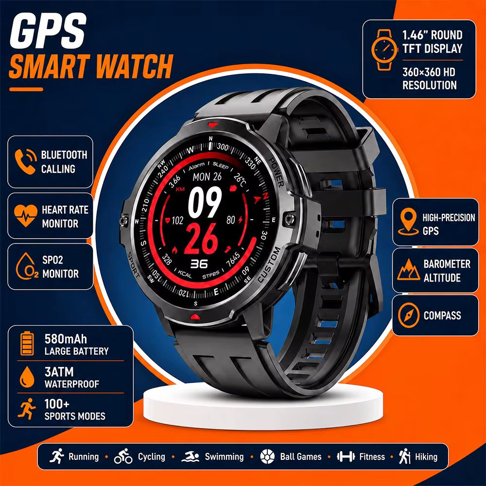 Nouvelle montre connectée GPS avec suivi en temps réel, boussole, plus de 100 modes sportifs, résist