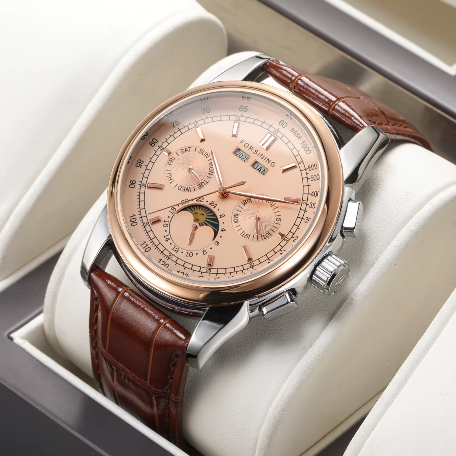 Forsining rétro montres mécaniques Phase de lune mouvement Shanghai boîtier en or Rose bracelet en c
