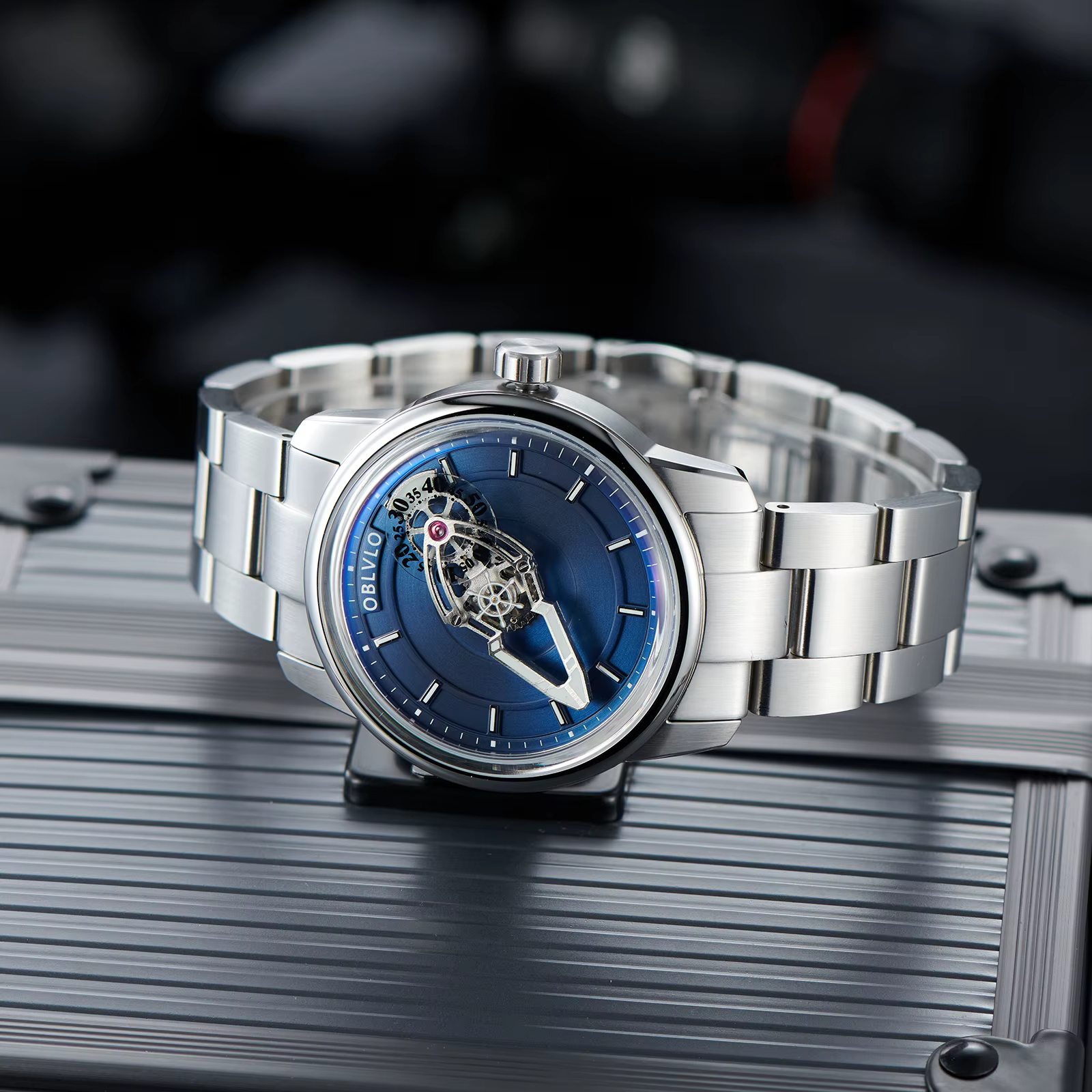 OBLVLO Creative Lightmagazines ed Spacecraft Hommes Cadran Bleu Montre existent SION L Acier Inoxydable Shoous Business