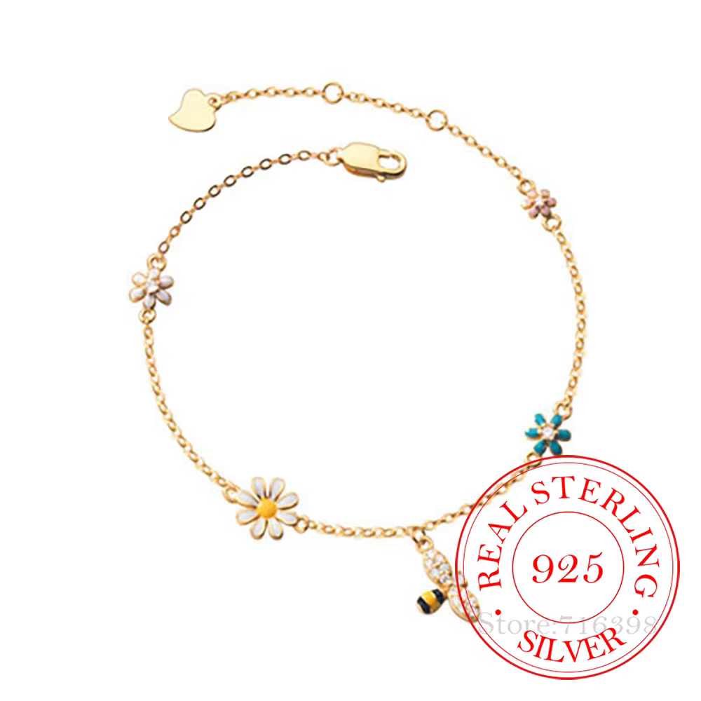 Bracelet à breloques marguerite abeille en argent Sterling 925 pour femmes et filles, Bijoux tendance de fête de mariage, accessoires de Bijoux de luxe