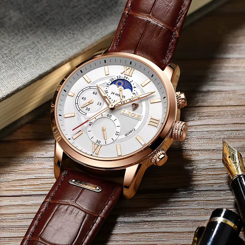 2025 LIGE montres hommes Top marque horloge de luxe décontracté en cuir 24 heures Phase de lune