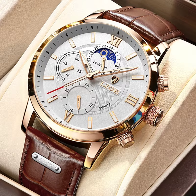 2025 LIGE montres hommes Top marque horloge de luxe décontracté en cuir 24 heures Phase de lune